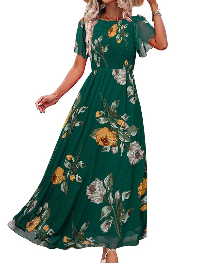 Simplee Apparel Simplee Womens Spring Floral Maxi Wedding Guest Dress Bohemian Short Sleeve Loose Sundress Lightweight Flowy Prom Vacation Dress(Dark Green M) - Image 1