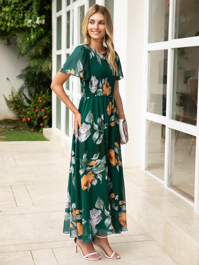 Simplee Apparel Simplee Womens Spring Floral Maxi Wedding Guest Dress Bohemian Short Sleeve Loose Sundress Lightweight Flowy Prom Vacation Dress(Dark Green M) - Image 4