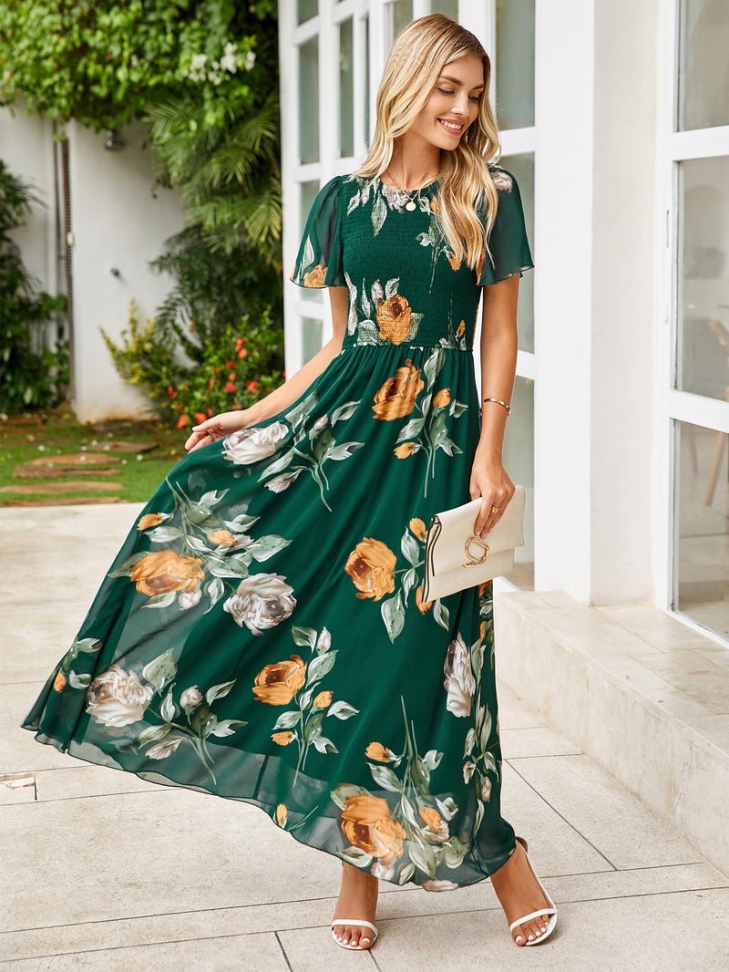 Simplee Apparel Simplee Womens Spring Floral Maxi Wedding Guest Dress Bohemian Short Sleeve Loose Sundress Lightweight Flowy Prom Vacation Dress(Dark Green M) - Image 2