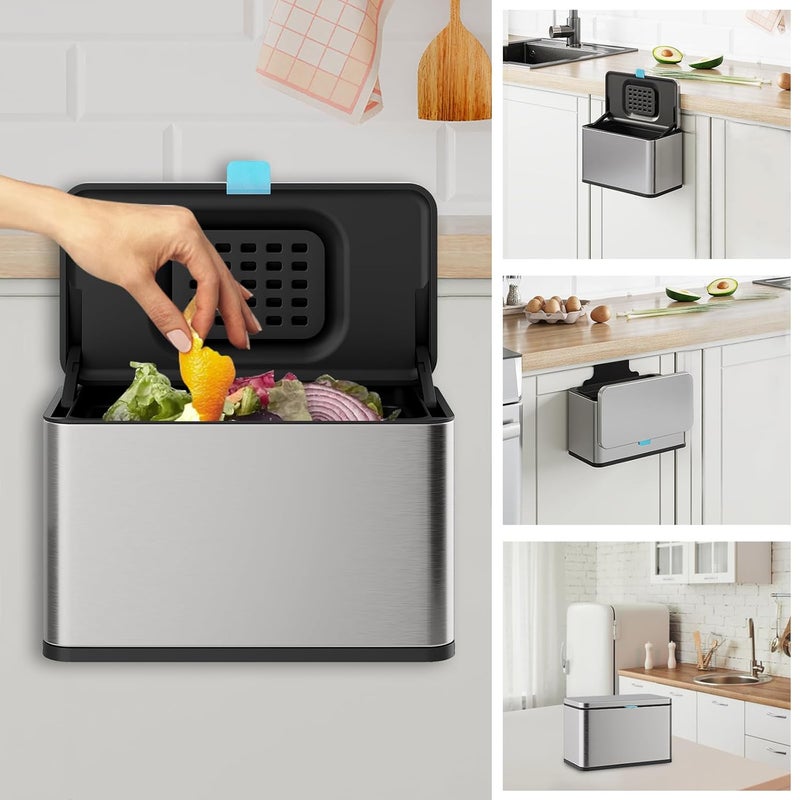 LINSSEN Stainless Steel Hanging Trash Can with Lid and Inner Bucket, 1 Gallon Kitchen Compost Bin for Counter Top, Under Sink or Wall Mount, Small Garbage Can for Cupboard/Bathroom/Bedroom/RV - Image 1