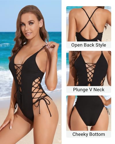 Tempt Me Women Black Sexy Lace Up One Piece Swimsuit Deep Plunge V Neck High Cut Bathing Suits L - Image 4