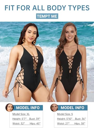 Tempt Me Women Black Sexy Lace Up One Piece Swimsuit Deep Plunge V Neck High Cut Bathing Suits L - Image 5