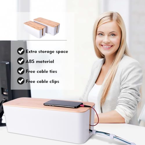 Naeety 2 Pack Large Cable Management Box – Wooden Style Cord Organizer and Cover for TV Wires, Computer, Router, USB Hub and Under Desk Power Strip – Safe ABS Material and Baby-Pets Proof Lock (White) - Image 4