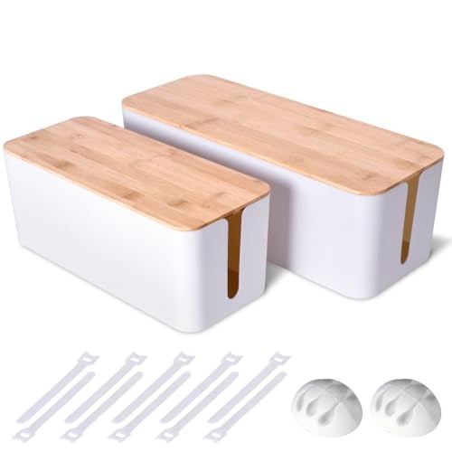 Naeety 2 Pack Large Cable Management Box – Wooden Style Cord Organizer and Cover for TV Wires, Computer, Router, USB Hub and Under Desk Power Strip – Safe ABS Material and Baby-Pets Proof Lock (White) - Image 1
