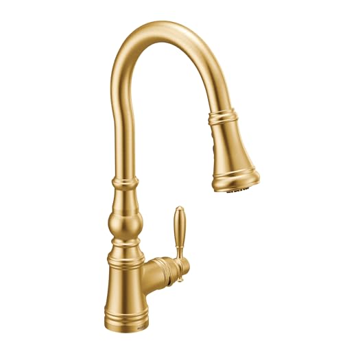Moen Weymouth Brushed Gold Traditional Shepherd's Hook Pulldown Kitchen Faucet Featuring Pull Down Spray Head with Power Boost, S73004BG - Image 1