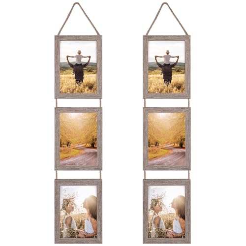 Lavezee 5x7 Collage Hanging Triple Picture Frames Set, Rustic 6 Opening Vertical Frame Made to Display 5 by 7 Inch Photo Postcard for Wall Decor - Image 1