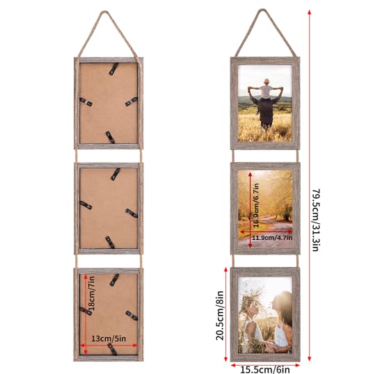 Lavezee 5x7 Collage Hanging Triple Picture Frames Set, Rustic 6 Opening Vertical Frame Made to Display 5 by 7 Inch Photo Postcard for Wall Decor - Image 2