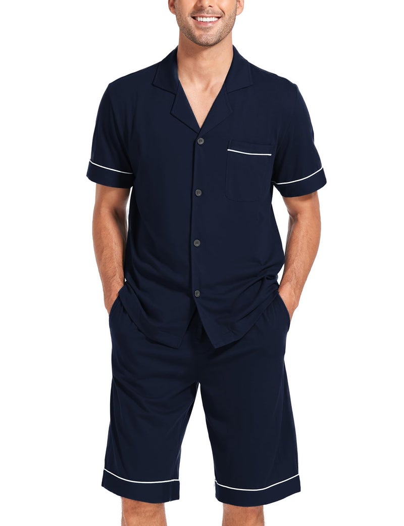 COLORFULLEAF Mens 100 Cotton Short Sleeve Pajama Sets Button Down Notched Collar Sleepwear Soft Lounge Pjs with Pockets Navy Blue M
