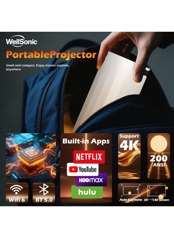 WellSonic Mini Projector with WiFi and Bluetooth, Portable Movie Projector Support 4K, Auto Keystone,210° Rotation, 130'' Screen Smart Projector Compatible with HDMI Phone TV Stick for Bedroom Outdoor - Image 2