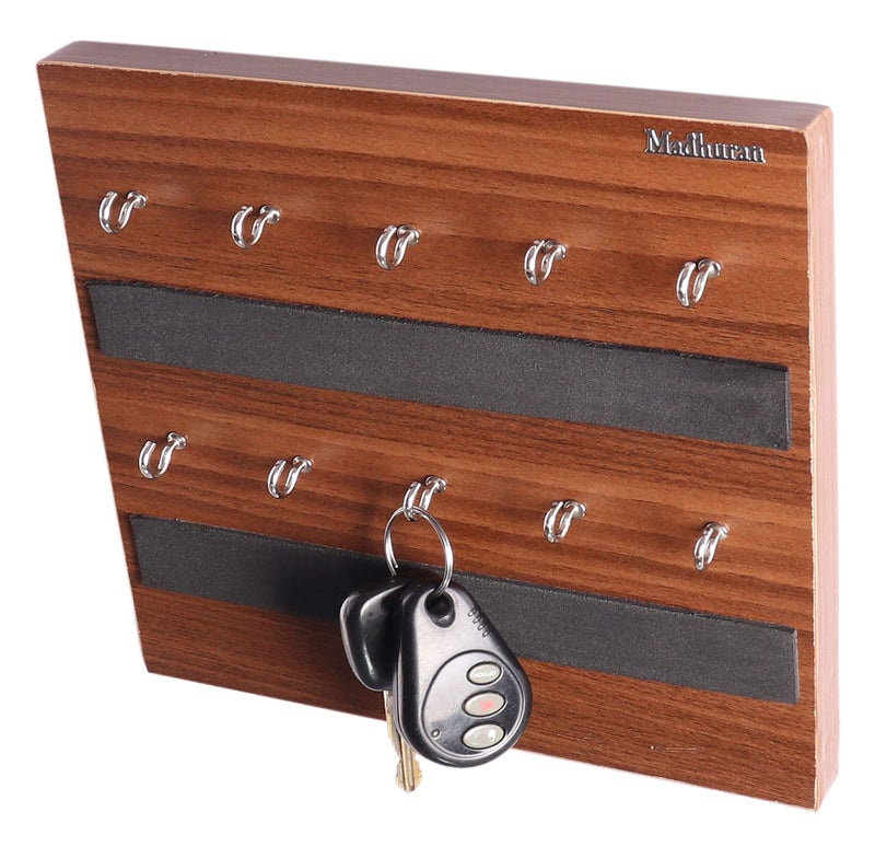 Madhuran Royal PB Engineered Wood Wall Mounted Key Hangers (10 Hooks C Walnut) Office Home School Living Room Hall Kitchen Keyholder Keychain Storage Organizer - Image 1