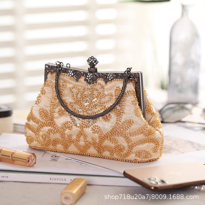 Diamond-Encrusted Beaded Embroidered Bag Evening Wear Portable Evening Bag Classic Cheongsam Perfect Bag 12-2 Gold Bag - Image 1