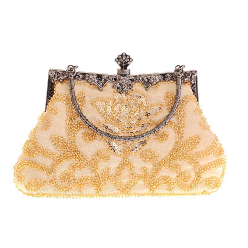 Diamond-Encrusted Beaded Embroidered Bag Evening Wear Portable Evening Bag Classic Cheongsam Perfect Bag 12-2 Gold Bag - Image 2