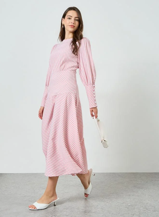 Styli Pink Gingham Midi Dress with Button Cuff