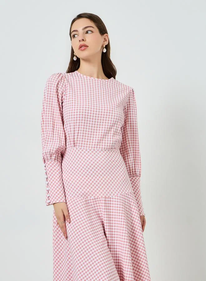 Styli Pink Gingham Midi Dress with Button Cuff