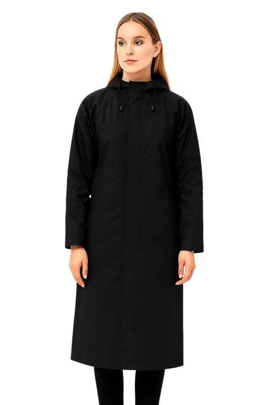 Krystle Women Overcoat – Waterproof Long Coat with Drawstring Hood (Black,Medium) - Image 3