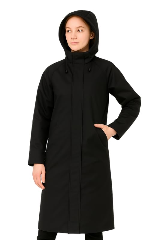 Krystle Women Overcoat – Waterproof Long Coat with Drawstring Hood (Black,Medium) - Image 1