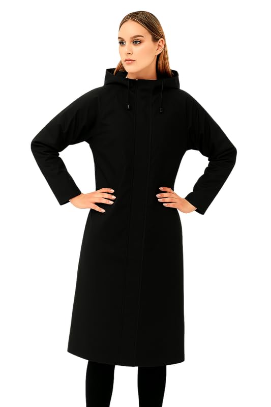 Krystle Women Overcoat – Waterproof Long Coat with Drawstring Hood (Black,Medium) - Image 2