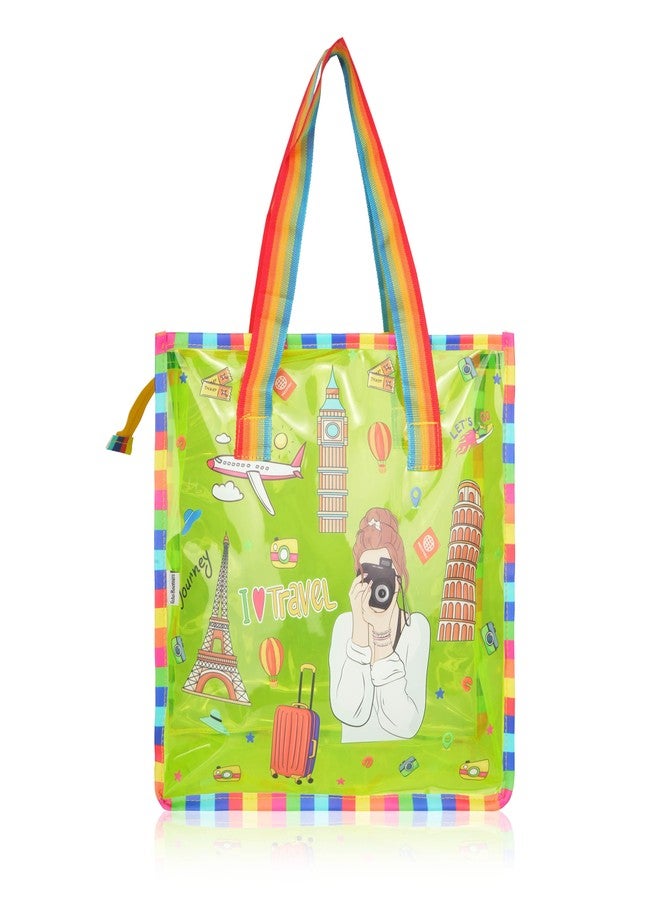 Echo Boomers Jelly Yellow Transparent Tote Bag for Girls & Women | UV Printed I Love Travel Theme | Waterproof PVC Handbag | Lightweight Shopping, Outdoor, Beach & Swimming Carry Bag - Image 1