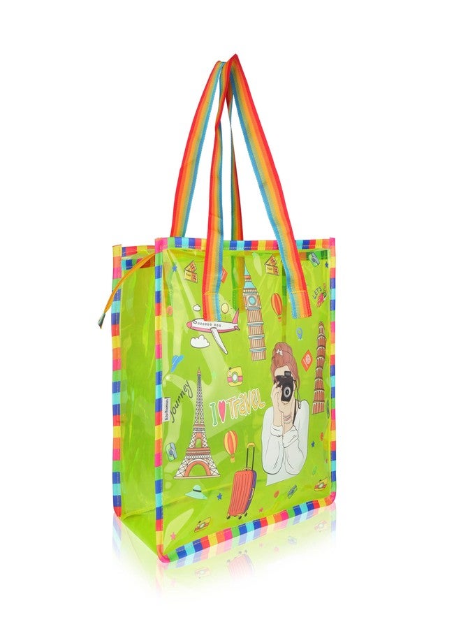 Echo Boomers Jelly Yellow Transparent Tote Bag for Girls & Women | UV Printed I Love Travel Theme | Waterproof PVC Handbag | Lightweight Shopping, Outdoor, Beach & Swimming Carry Bag - Image 3