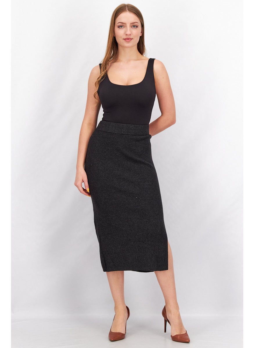 Black Tape - Women Trendy Plus Size Textured Midi Sweater Skirt, Dark Charcoal - Image 1