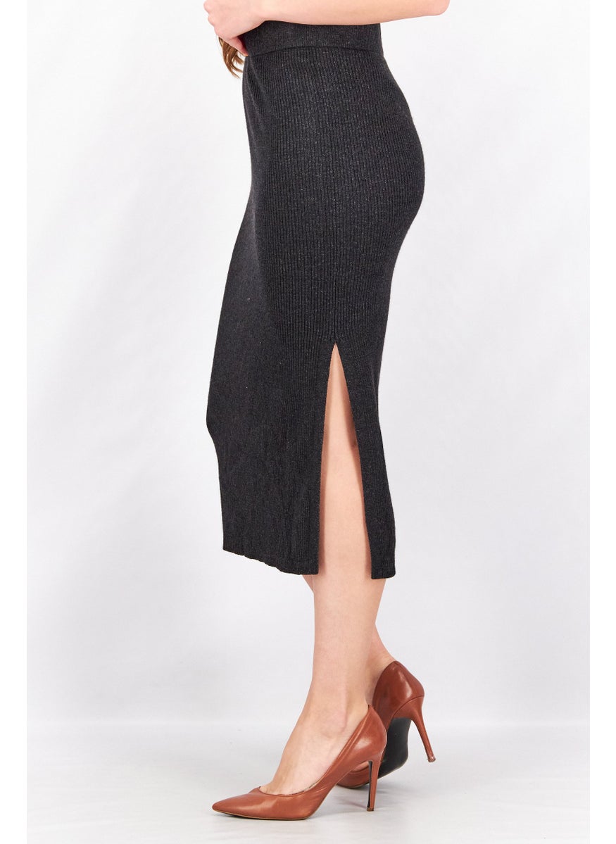 Black Tape - Women Trendy Plus Size Textured Midi Sweater Skirt, Dark Charcoal - Image 1