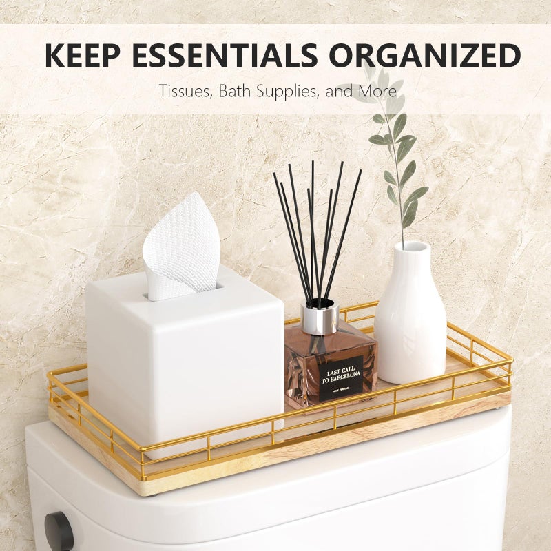 Focusonit Toilet Paper Basket Organizer â€“ Oak Wood Toilet Tank Tray with Metal Frame, Back of Tank or Top Bathroom Counter Storage â€“ Gold & Oak Modern Decor - Image 3