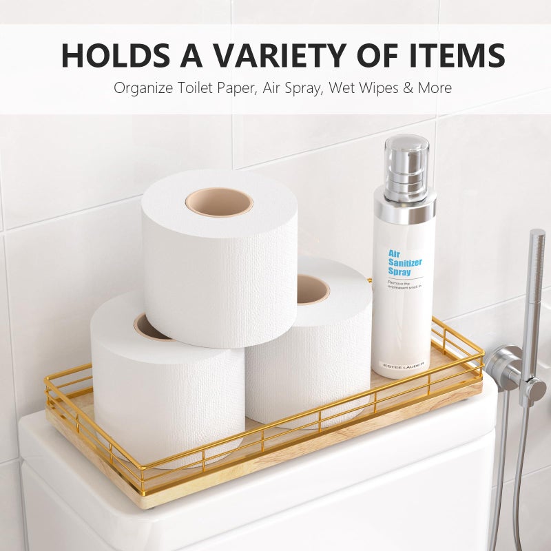 Focusonit Toilet Paper Basket Organizer â€“ Oak Wood Toilet Tank Tray with Metal Frame, Back of Tank or Top Bathroom Counter Storage â€“ Gold & Oak Modern Decor - Image 2