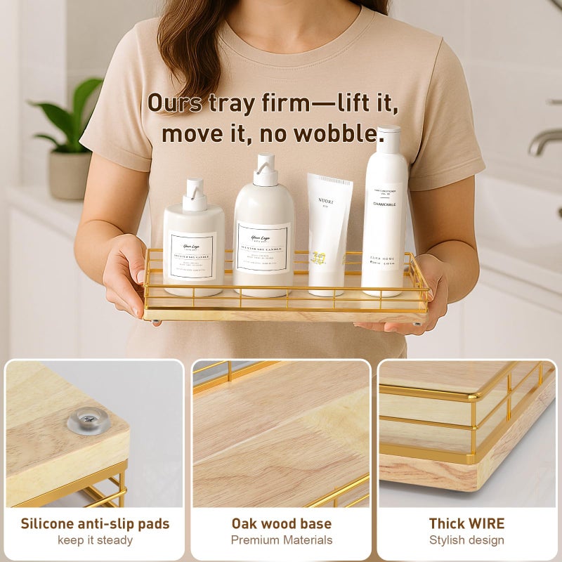 Focusonit Toilet Paper Basket Organizer â€“ Oak Wood Toilet Tank Tray with Metal Frame, Back of Tank or Top Bathroom Counter Storage â€“ Gold & Oak Modern Decor - Image 5