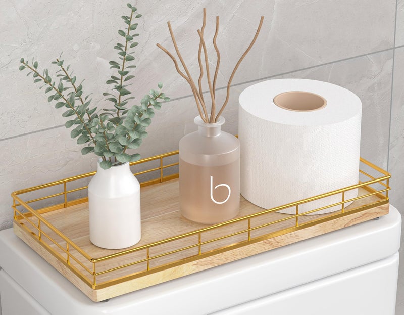 Focusonit Toilet Paper Basket Organizer â€“ Oak Wood Toilet Tank Tray with Metal Frame, Back of Tank or Top Bathroom Counter Storage â€“ Gold & Oak Modern Decor - Image 1