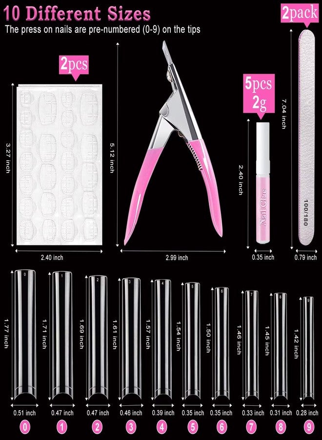 AITRAI 500 Pcs Square Nail Tips, AITRAI Long Nail Tips for Acrylic Nails Professional False Clear Acrylic Nail Kit with Glue, Adhesive Tabs Nail Clipper Files for Art DIY - Image 2