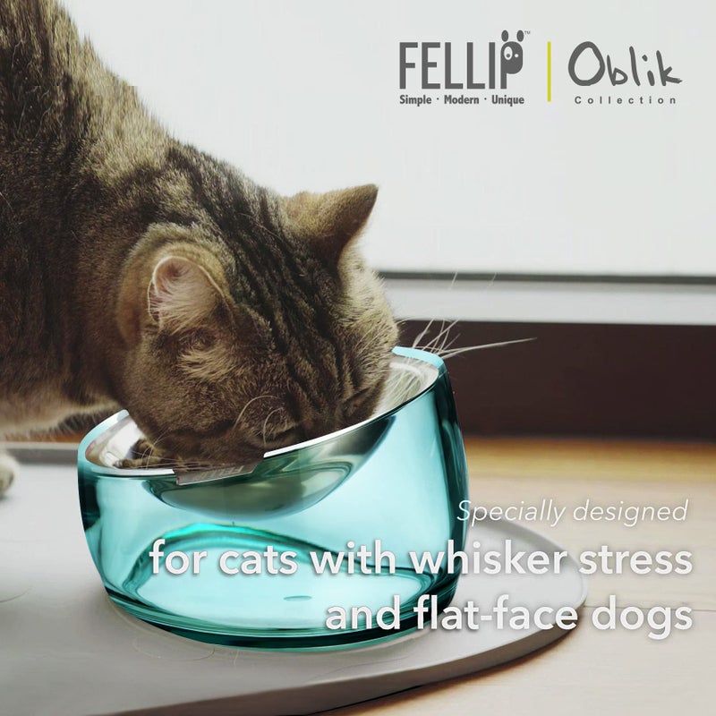 Felli Pet Oblik Whisker Fatigue Cat Bowl Raised Stainless Steel Shallow Dish, Tilted Anti Vomit Non Spill Wide Metal Plate for Puppy Small Dog, Slanted Dry Wet Food Feeder Elevated (0.5Cup, Classic) - Image 2