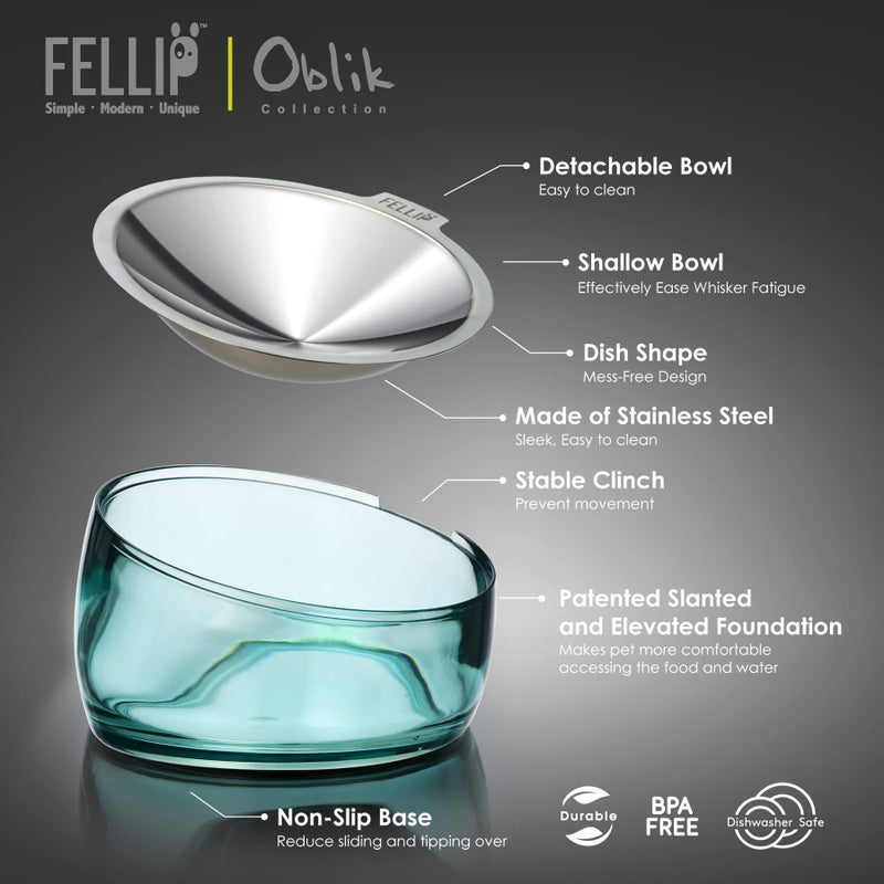 Felli Pet Oblik Whisker Fatigue Cat Bowl Raised Stainless Steel Shallow Dish, Tilted Anti Vomit Non Spill Wide Metal Plate for Puppy Small Dog, Slanted Dry Wet Food Feeder Elevated (0.5Cup, Classic) - Image 3