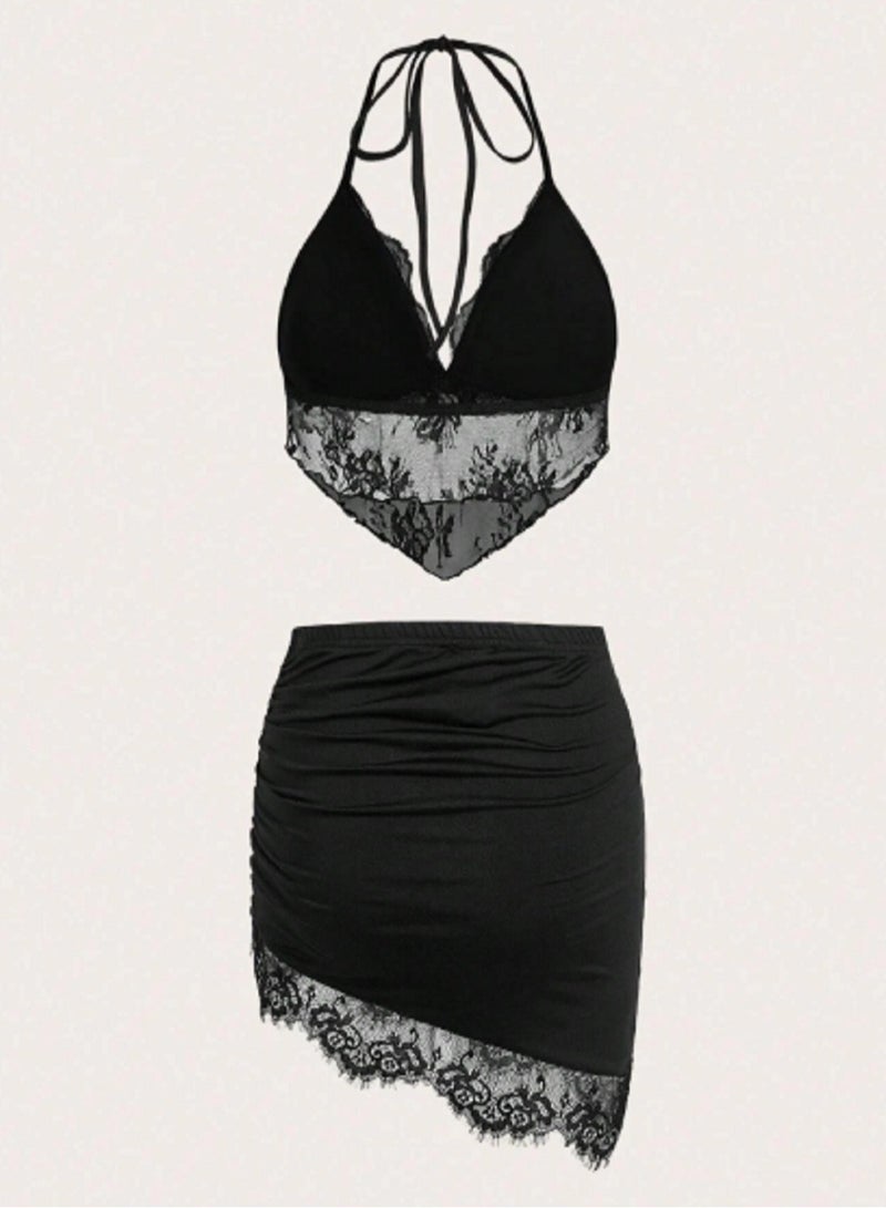Shein SHEIN ICON Contrast Lace Halter Top & Bodycon Skirt  - Image 1