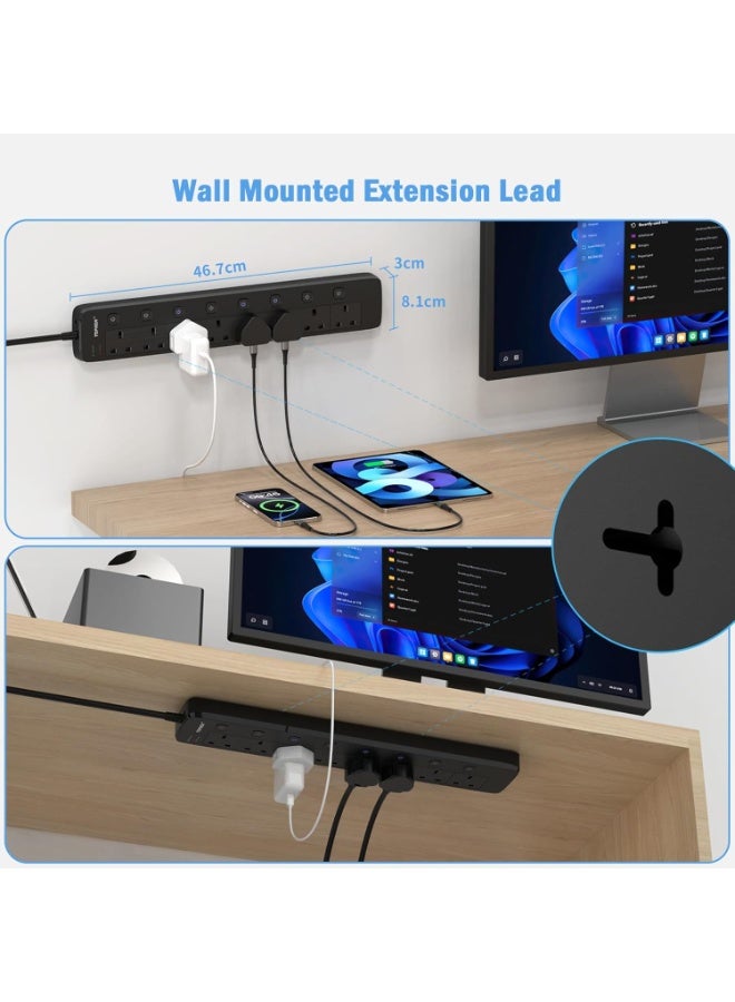 TOPREK 8 Way Extension Lead with Individual Switches, 2100 Surge Protected Extension Lead with Indicator Lights, Desk/Wall Mounted Power Strip for Office/Home/Computer Room/Garage(5M) - Image 3