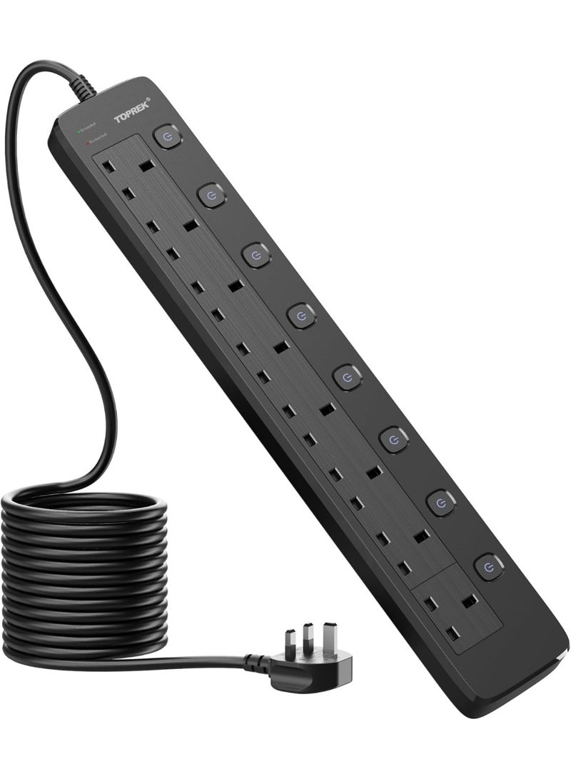 TOPREK 8 Way Extension Lead with Individual Switches, 2100 Surge Protected Extension Lead with Indicator Lights, Desk/Wall Mounted Power Strip for Office/Home/Computer Room/Garage(5M) - Image 1