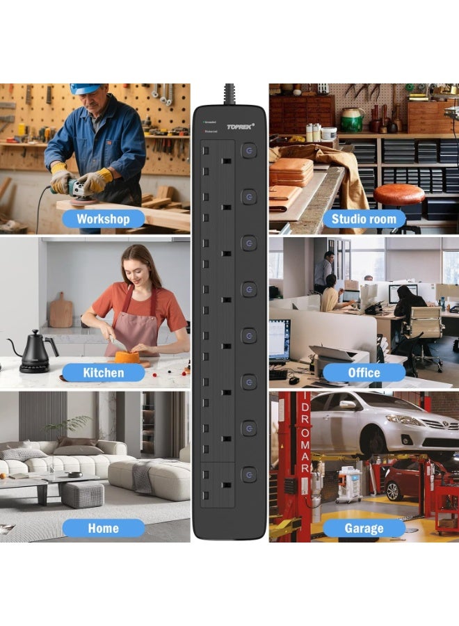 TOPREK 8 Way Extension Lead with Individual Switches, 2100 Surge Protected Extension Lead with Indicator Lights, Desk/Wall Mounted Power Strip for Office/Home/Computer Room/Garage(5M) - Image 2