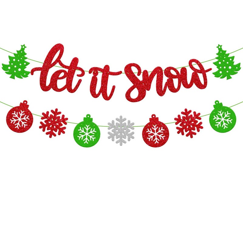 Festiko®Let It Snow Banner Merry Christmas Snowflake Winter Snow Xmas Tree Happy New Year Theme for Kids Boy Girl Christmas Party Supplies Glitter Red and Green - Image 1