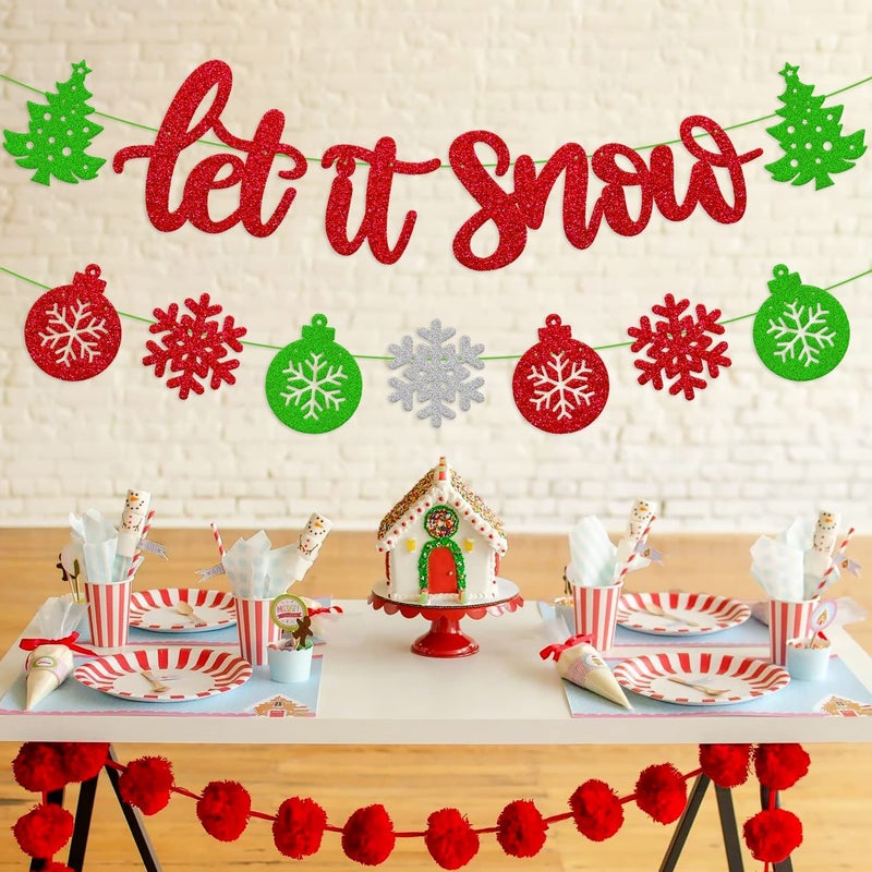 Festiko®Let It Snow Banner Merry Christmas Snowflake Winter Snow Xmas Tree Happy New Year Theme for Kids Boy Girl Christmas Party Supplies Glitter Red and Green - Image 5