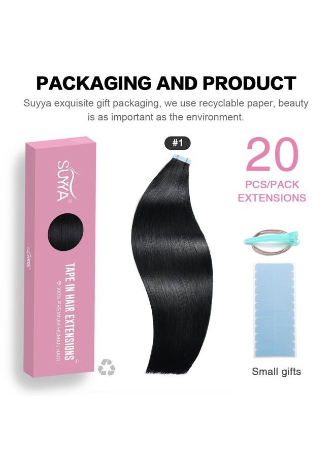 SUYYA Tape in Hair Extensions Human Hair Jet Black 100% Real Human Hair 12 inches 20pcs 40g/pack Straight Seamless Skin Weft Tape in Hair Extensions(12 inches #1 Jet black) - Image 2