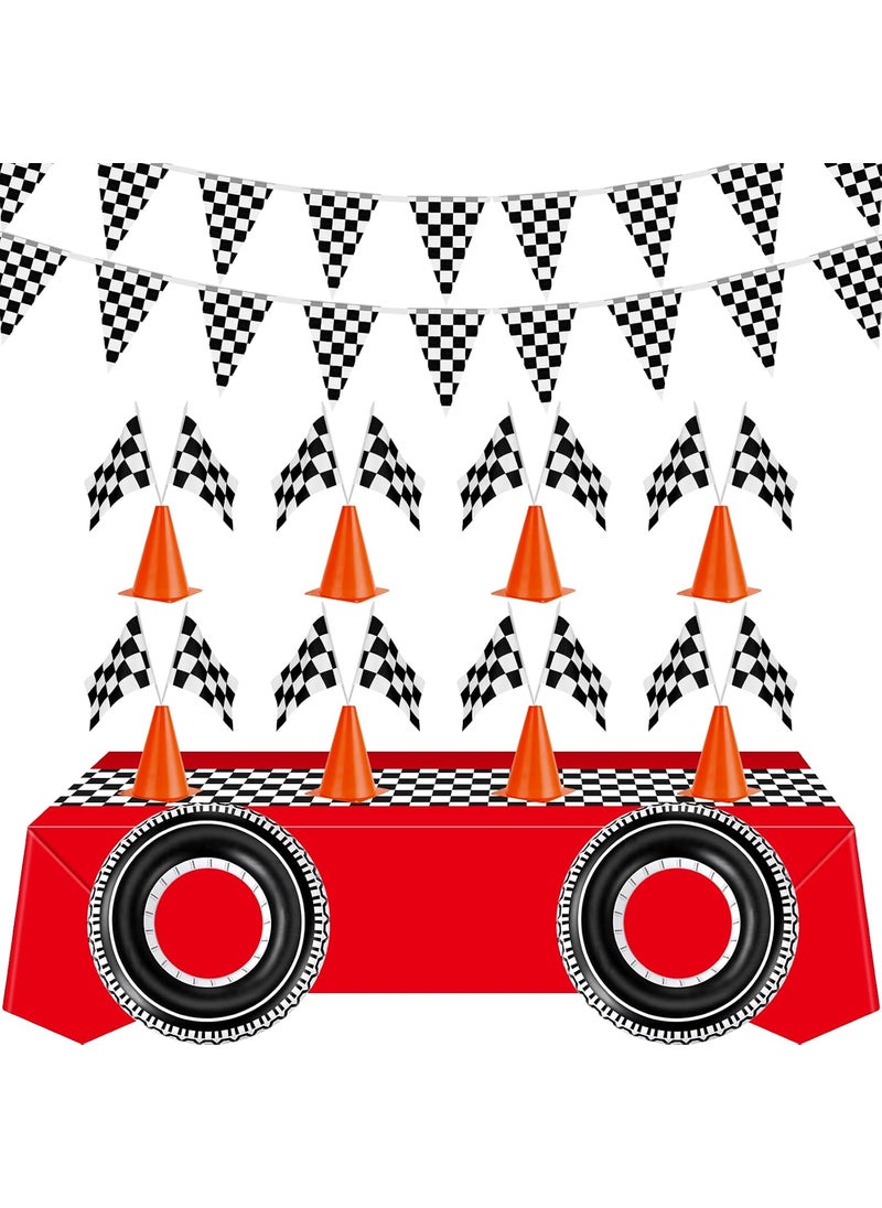 Moukeren Moukeren 26 Pcs Race Car Party Supplies Include 2 Pcs 98 ft Tablecloths 2 Banner 12 Flags 2 Tire Tubes and 8 Traffic Cones for Car Themed Birthday Party DecorationsPlaid  - Image 1