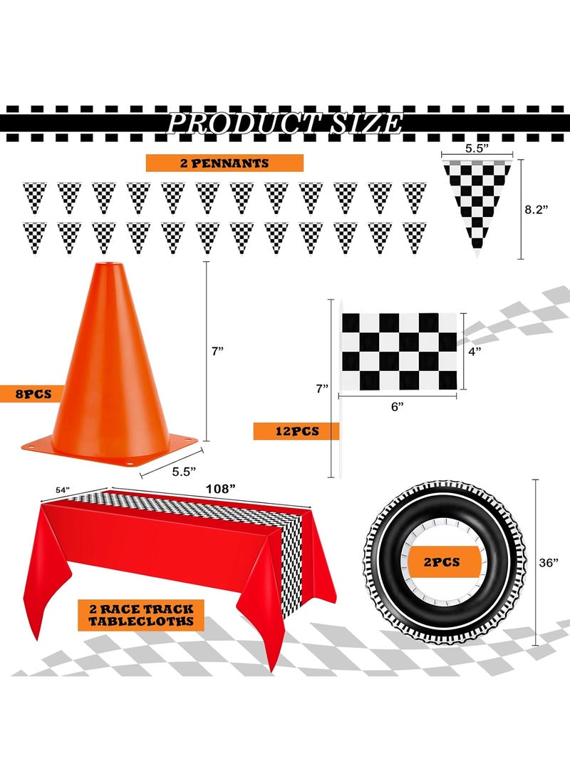 Moukeren Moukeren 26 Pcs Race Car Party Supplies Include 2 Pcs 98 ft Tablecloths 2 Banner 12 Flags 2 Tire Tubes and 8 Traffic Cones for Car Themed Birthday Party DecorationsPlaid  - Image 3