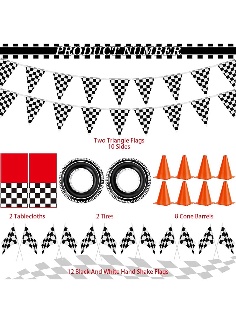 Moukeren Moukeren 26 Pcs Race Car Party Supplies Include 2 Pcs 98 ft Tablecloths 2 Banner 12 Flags 2 Tire Tubes and 8 Traffic Cones for Car Themed Birthday Party DecorationsPlaid  - Image 2