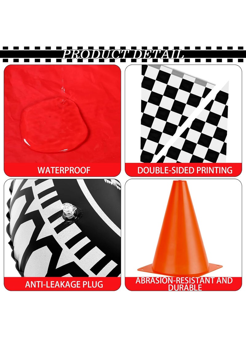 Moukeren Moukeren 26 Pcs Race Car Party Supplies Include 2 Pcs 98 ft Tablecloths 2 Banner 12 Flags 2 Tire Tubes and 8 Traffic Cones for Car Themed Birthday Party DecorationsPlaid  - Image 4