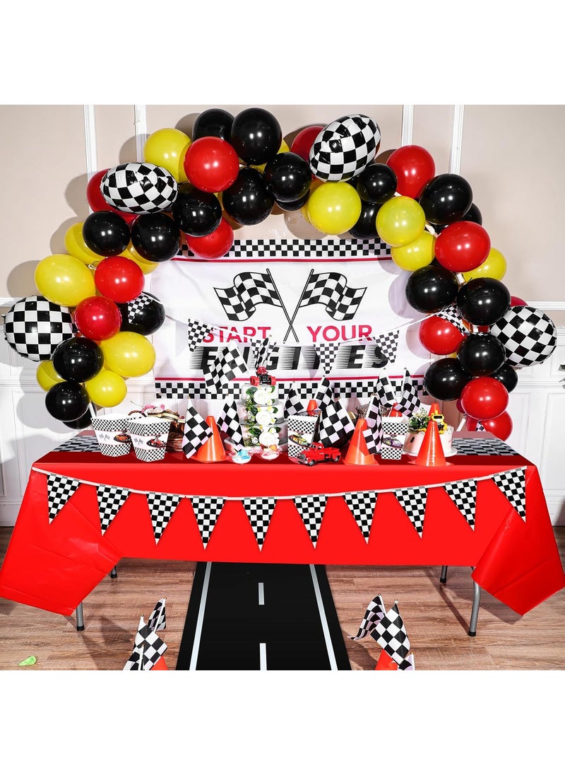 Moukeren Moukeren 26 Pcs Race Car Party Supplies Include 2 Pcs 98 ft Tablecloths 2 Banner 12 Flags 2 Tire Tubes and 8 Traffic Cones for Car Themed Birthday Party DecorationsPlaid  - Image 5