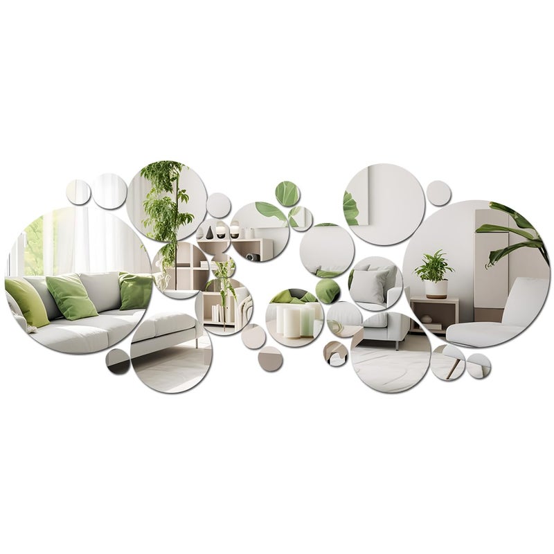 DIBALIYI 32 Pcs Acrylic Mirror Wall Stickers Removable Wall Decal Mirror Set Bathroom Wall Sticker Art Circle Ceiling Mirrors for Bedroom Home Living Room Sofa TV Background Decor Small