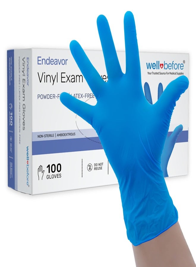 Well Before Vinyl Exam Gloves - Powder-Free, Latex-Free, Disposable Gloves for Medical, Food Prep, Cleaning and more - Small Blue (Pack of 100) - Image 1