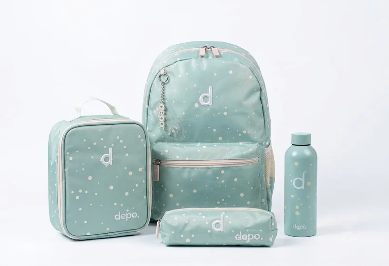 Depo DEPO 4-Piece School Backpack Set – Mint Green Polka Dot | 44cm Backpack with Lunch Bag, Pencil Case & 500ml Water Bottle