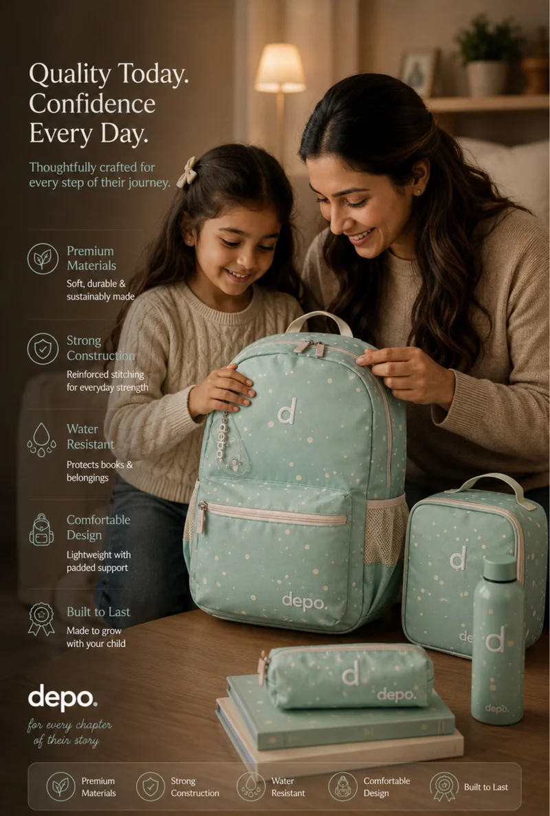 Depo DEPO 4-Piece School Backpack Set – Mint Green Polka Dot | 44cm Backpack with Lunch Bag, Pencil Case & 500ml Water Bottle