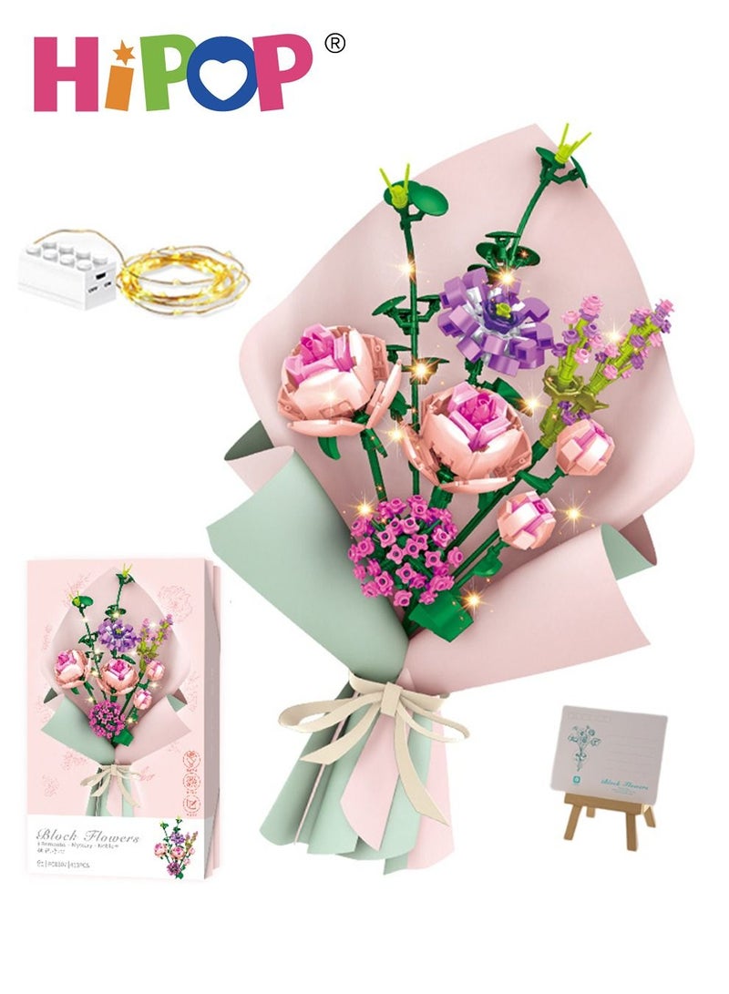 HIPOP Bouquet Building Blocks with Colorful Lights and Exquisite Gift Boxes,Valentine's Day Gift,Permanent Flower Gift Home Decoration Assembly Toy Set - Image 1