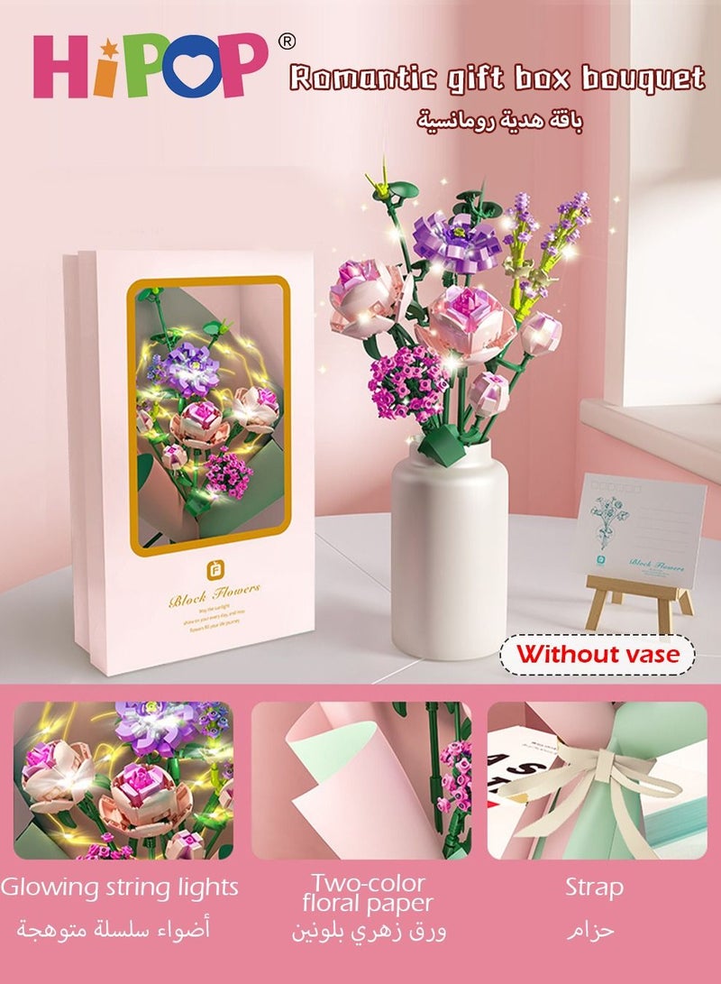 HIPOP Bouquet Building Blocks with Colorful Lights and Exquisite Gift Boxes,Valentine's Day Gift,Permanent Flower Gift Home Decoration Assembly Toy Set - Image 2